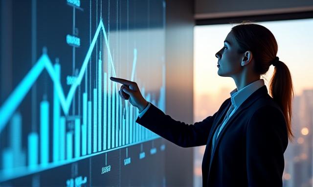 Business professional analyzing growth charts on a digital interface