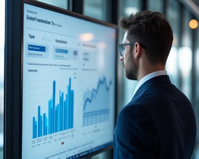 Business executive analyzing predictive dashboard results